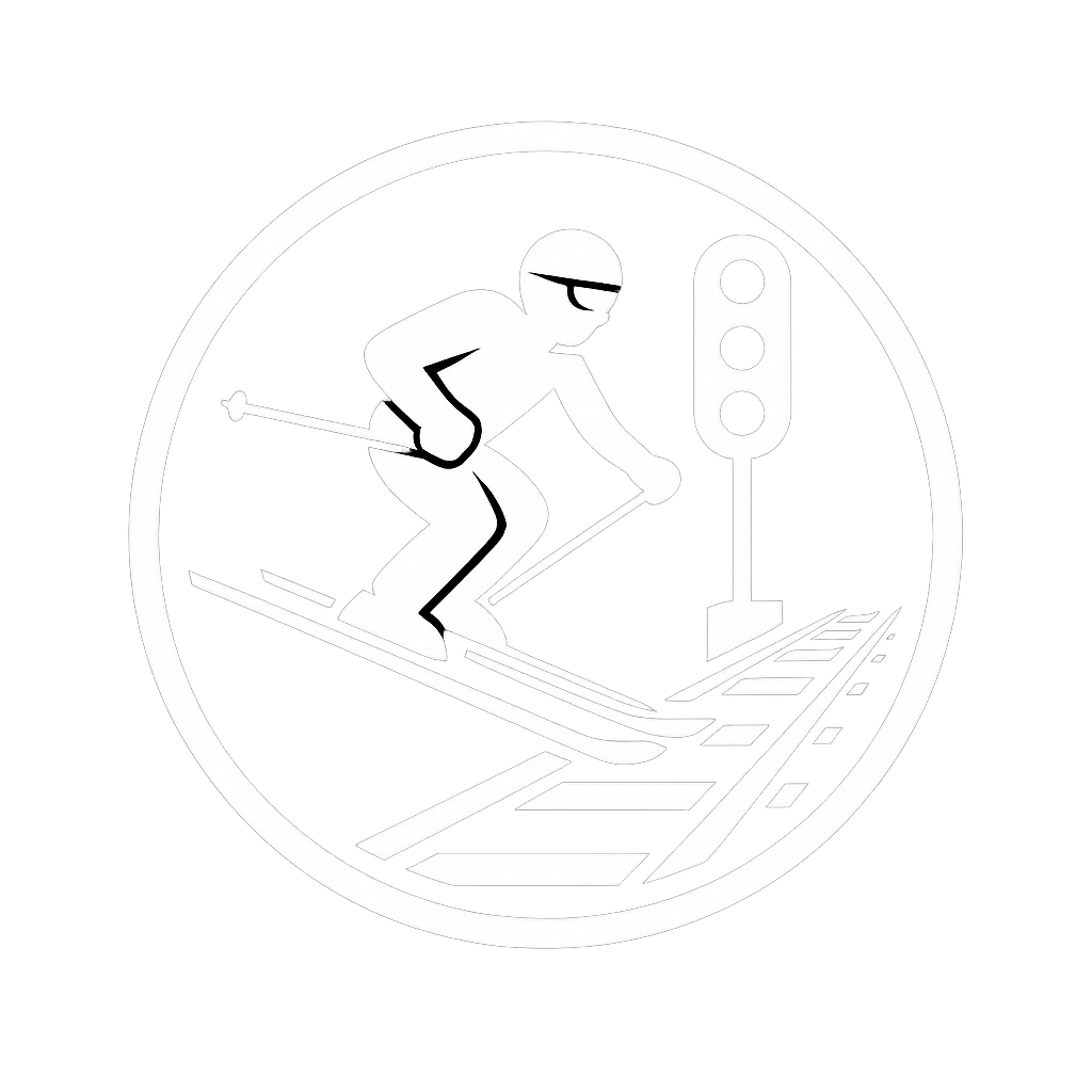 Logo with skier in front of a rail track and a signal.